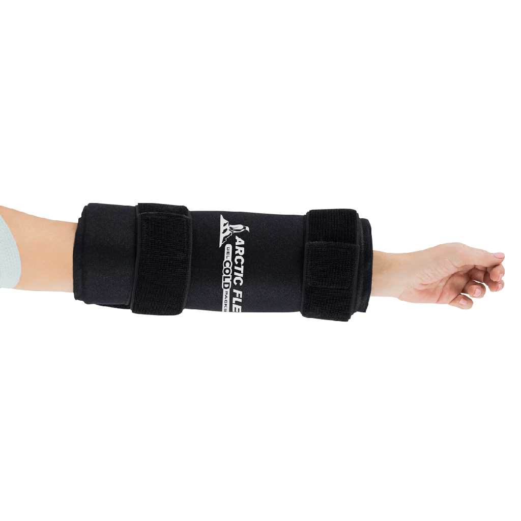 Black Arctic Flex wrist support on a person's wrist with a clear background