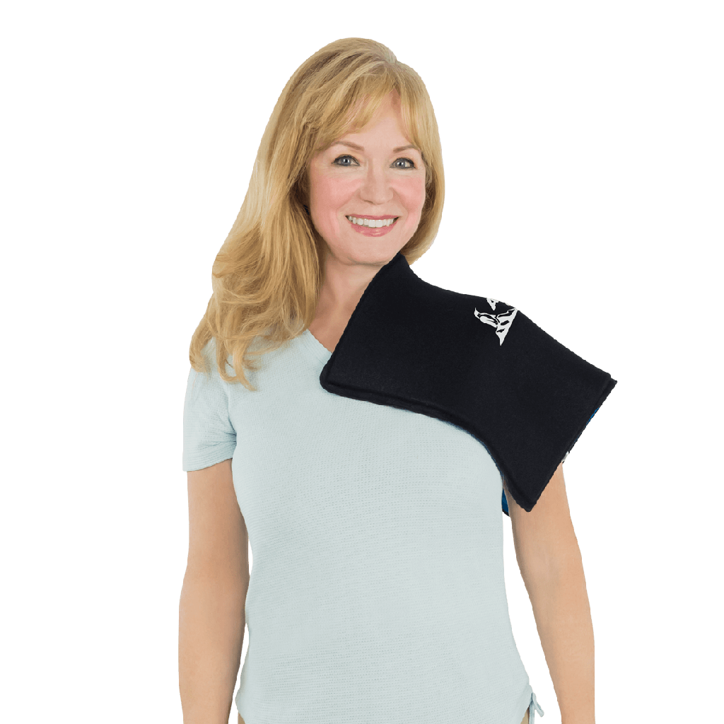 Woman wearing a black shoulder pillow with a logo on a white background