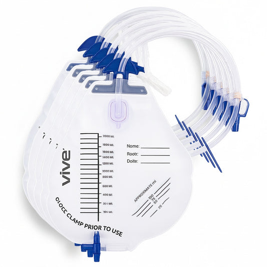 Clear medical device with blue connectors and measurement markings on a white background