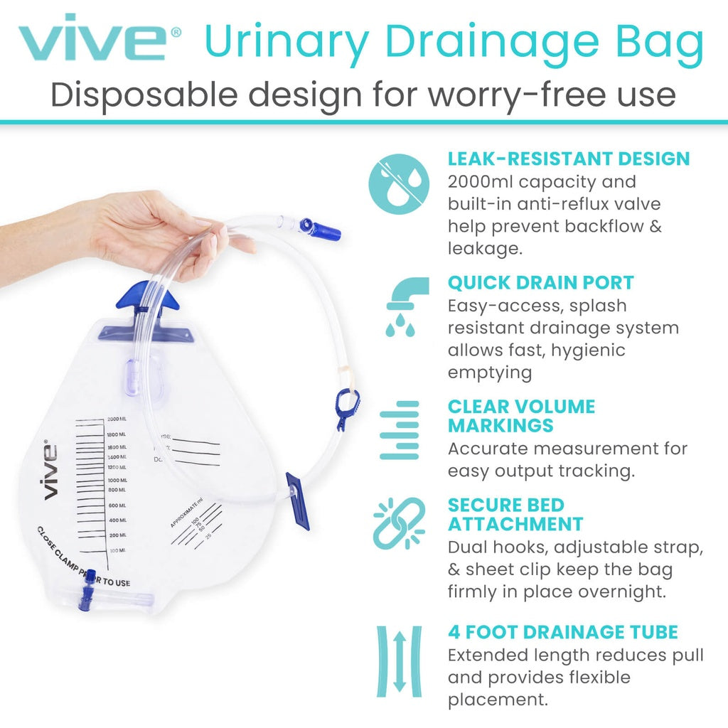 Vive urinary drainage bag with features listed on a white background