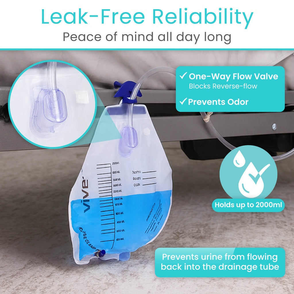 Urinal bag with text highlighting features like leak-free reliability and peace of mind, set against a car interior background.