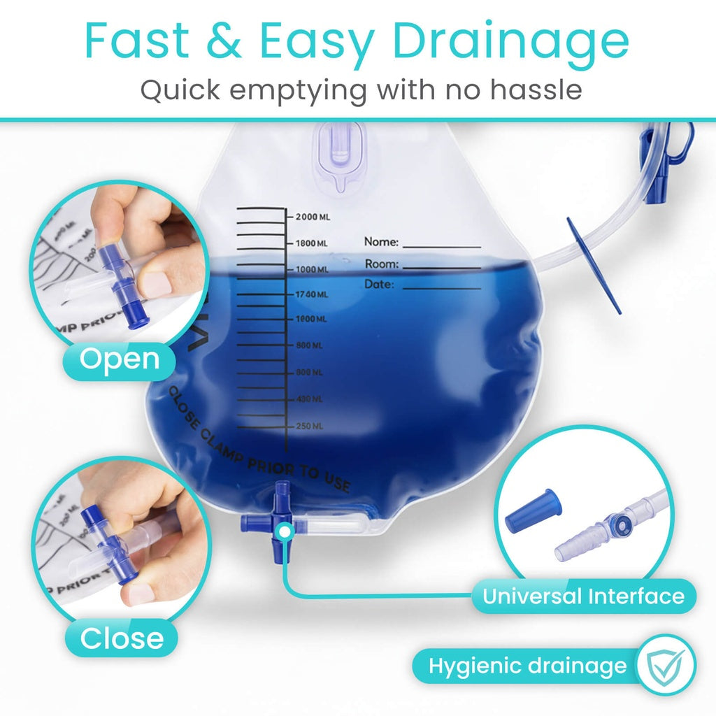 Blue drainage device with features highlighted on a white background