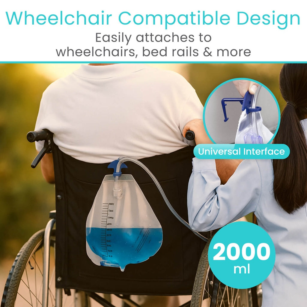 Person using a wheelchair with a medical device attached, highlighting wheelchair compatibility.