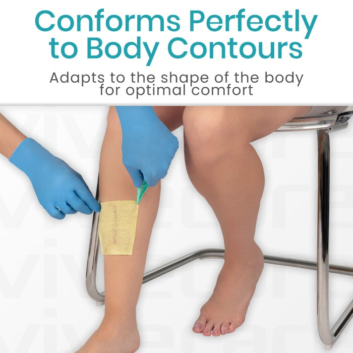 Person applying a patch to their leg with text highlighting conformability to body contours.