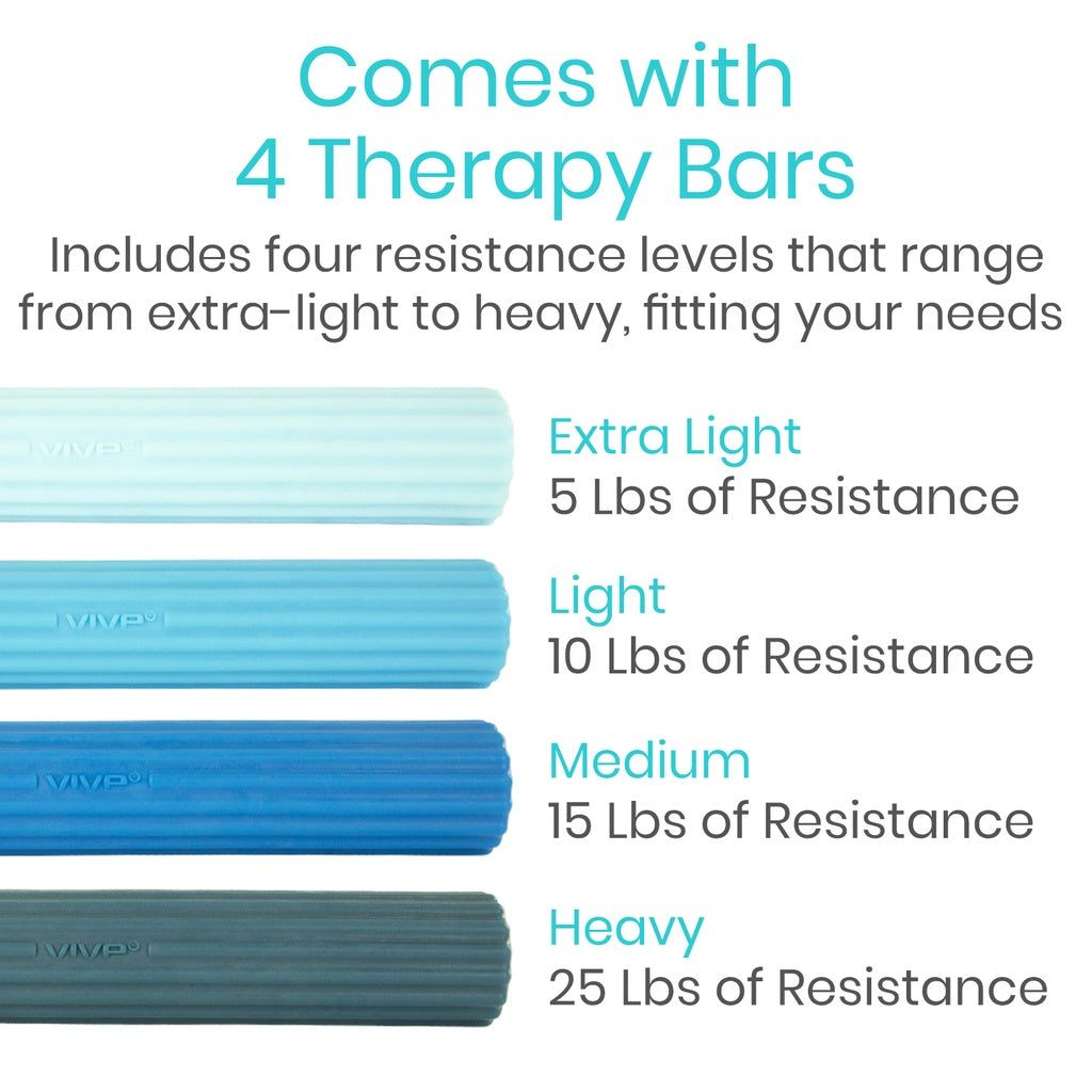 Resistance therapy bars with resistance levels displayed on a white background