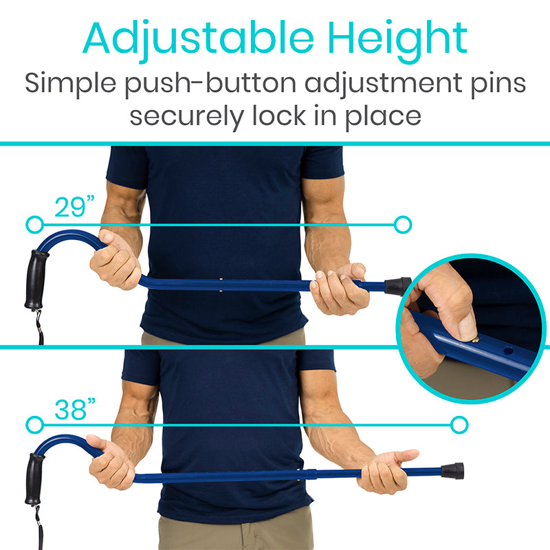 Adjustable height walking stick with push-button adjustment pins, shown on a person.
