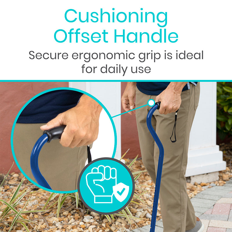 Person using a cushioning offset handle with text highlighting its ergonomic design.
