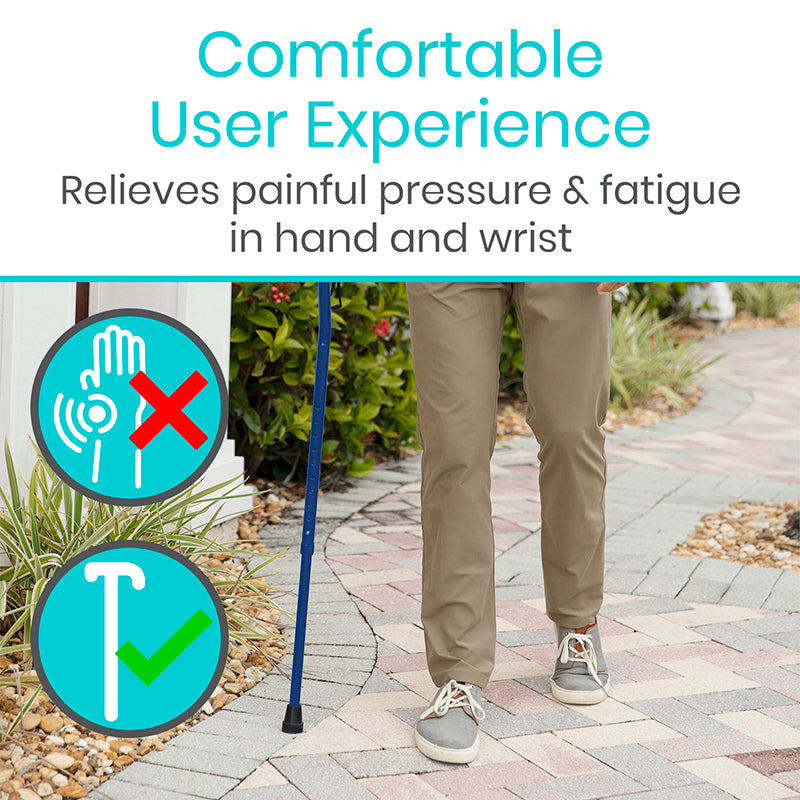 Person walking with a cane on a sidewalk, promoting a comfortable user experience for hands and wrists.