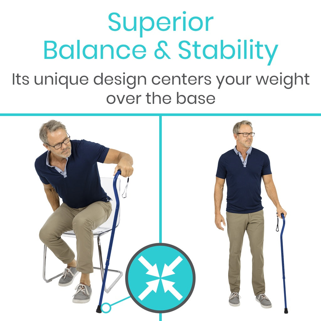 Man using a walking stick with text highlighting balance and stability features.