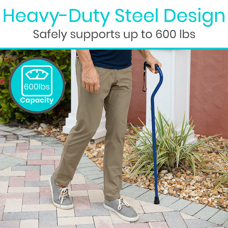 Person using a blue cane with text about heavy-duty steel design and weight capacity.