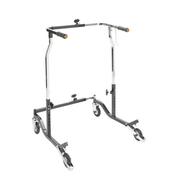 Black metal stand with wheels on a white background