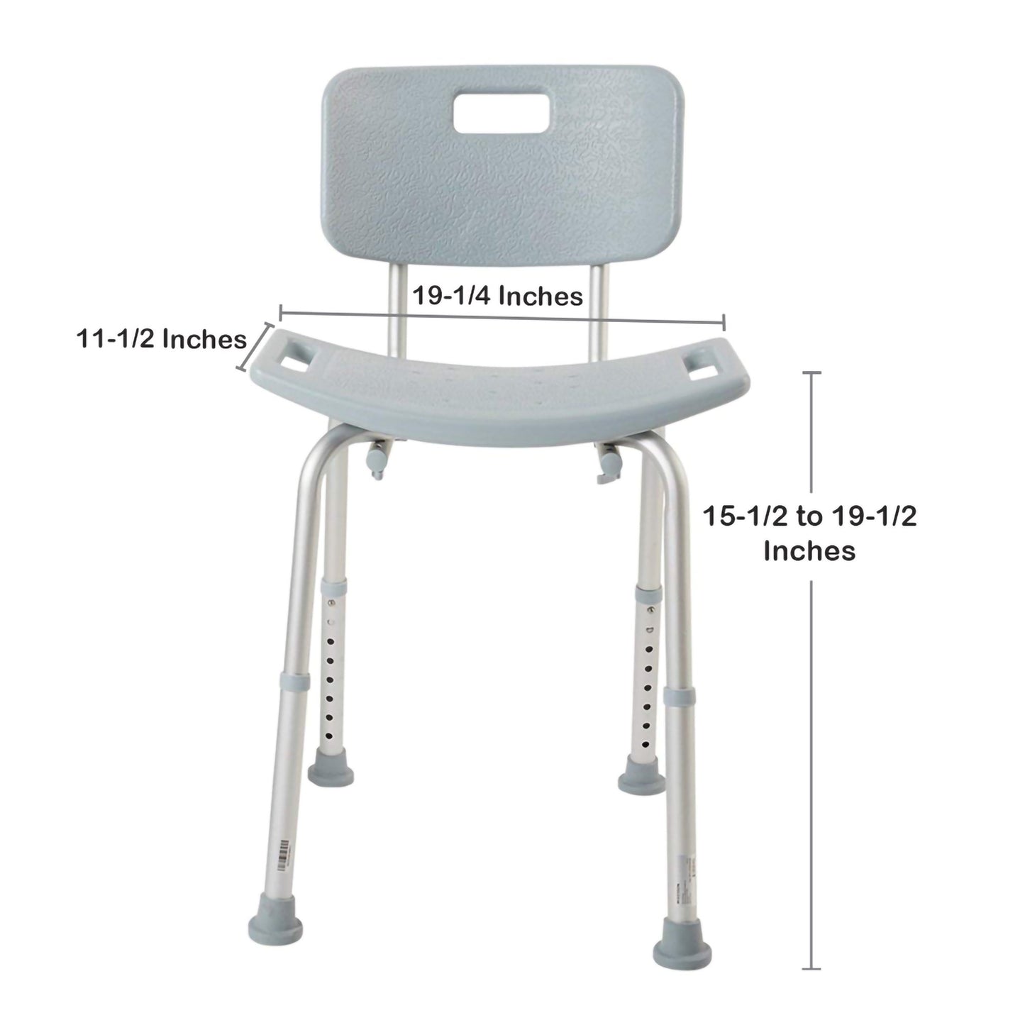 Gray shower chair with measurements on a white background