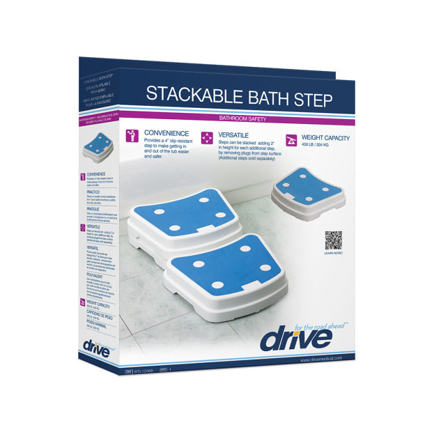 Box of a stackable bath step with blue and white design on a white background