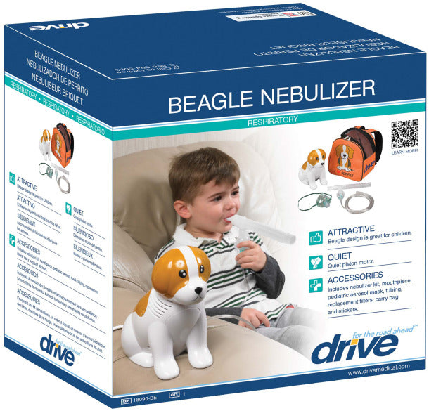 Box of a Beagle Nebulizer with a child using it on a bed