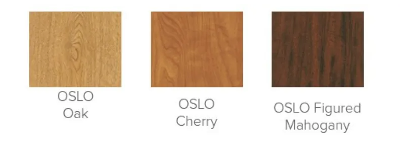 Three wood color swatches labeled Oslo Oak, Oslo Cherry, and Oslo Figured Mahogany on a white background.