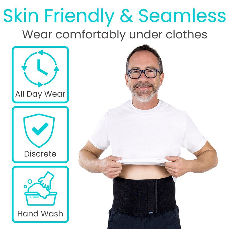 Man wearing a skin-friendly product with icons and text highlighting features.