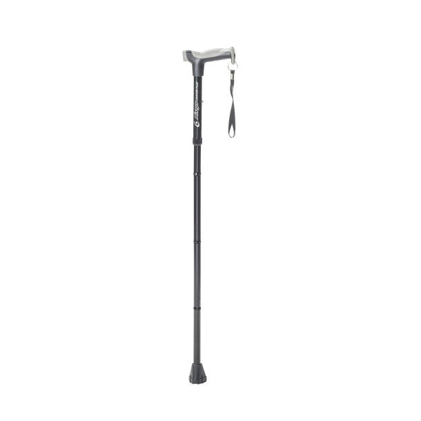 Black adjustable walking cane on a white background