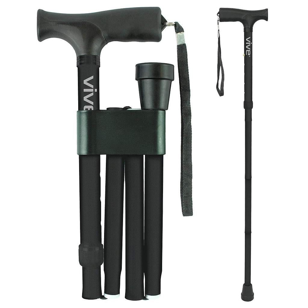 Black adjustable walking cane with a strap and 'Vive' branding on a white background