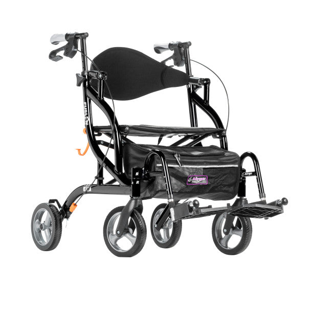 Black stroller with a bag on a white background
