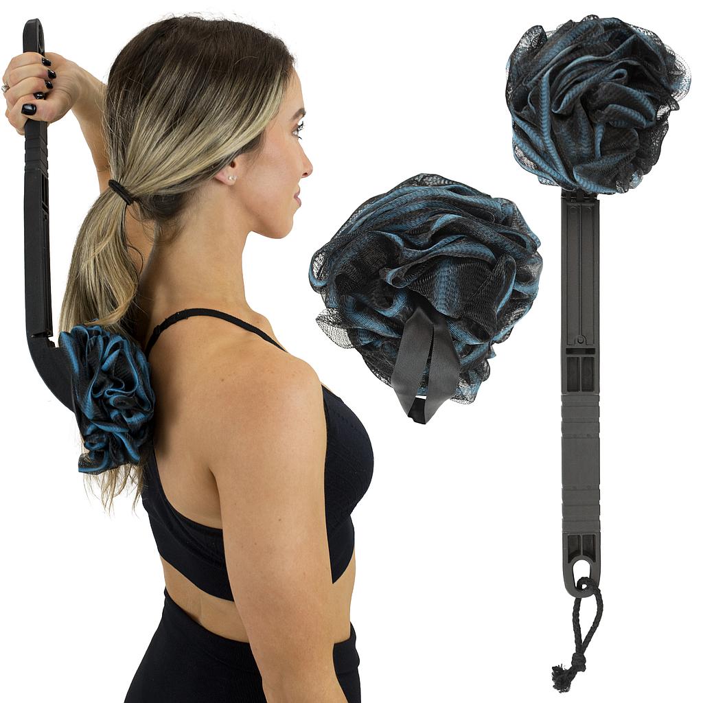 Woman using a black resistance band with blue resistance loops on a white background
