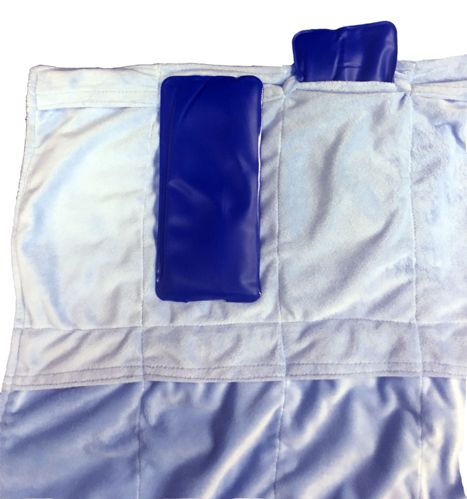White quilted cover with two blue ice packs on a white background