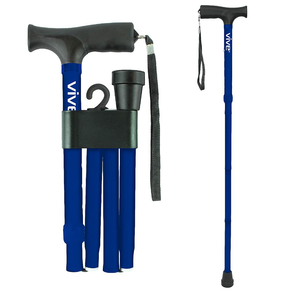 Blue walking cane with black handle and adjustable parts on a white background