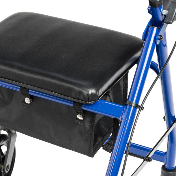 Black seat and storage bag on a blue bicycle frame