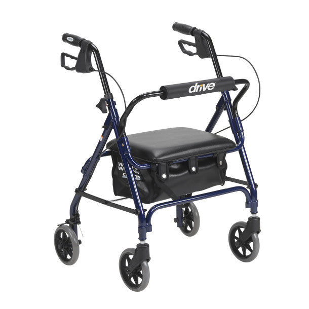 Blue and black walker with a seat on a white background