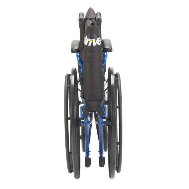 Wheelchair with blue frame and black seat on a white background