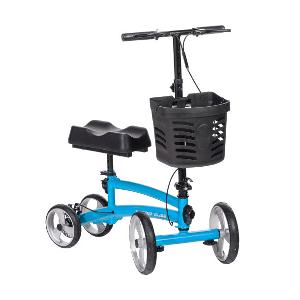 Blue knee walker with a black seat and basket on a white background