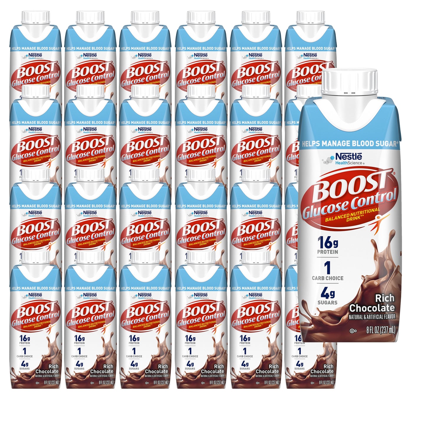 Multiple cartons of Nestle Boost Glucose Control Rich Chocolate flavor on a white background