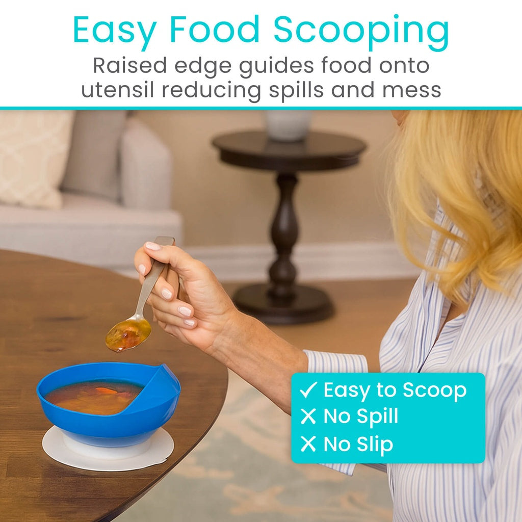 Woman using a blue food scoop to serve soup, with text highlighting its features.