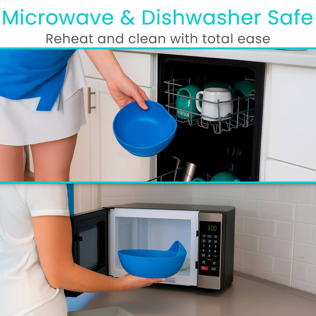 Person using a blue bowl in a dishwasher and microwave, with text about safety.