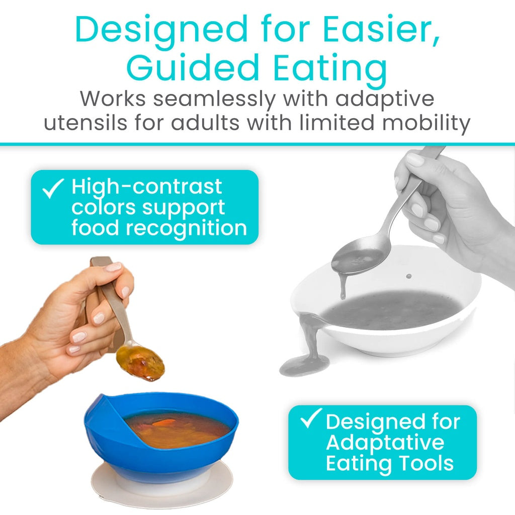 Product for easier, guided eating with adaptive utensils, featuring high-contrast colors and designed for adults with limited mobility.
