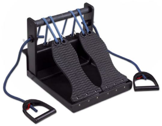Black exercise device with foot platforms and resistance bands on a white background