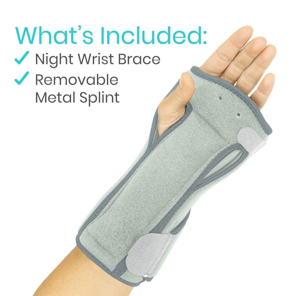 Gray night wrist brace with removable metal splint on a white background