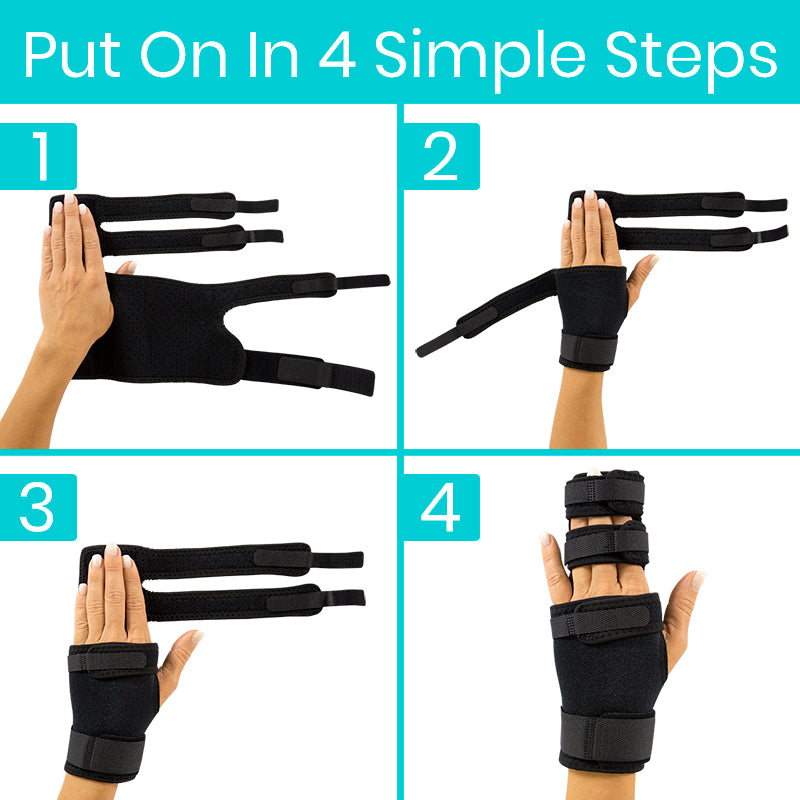 Step-by-step guide on how to put on a black wrist support brace.