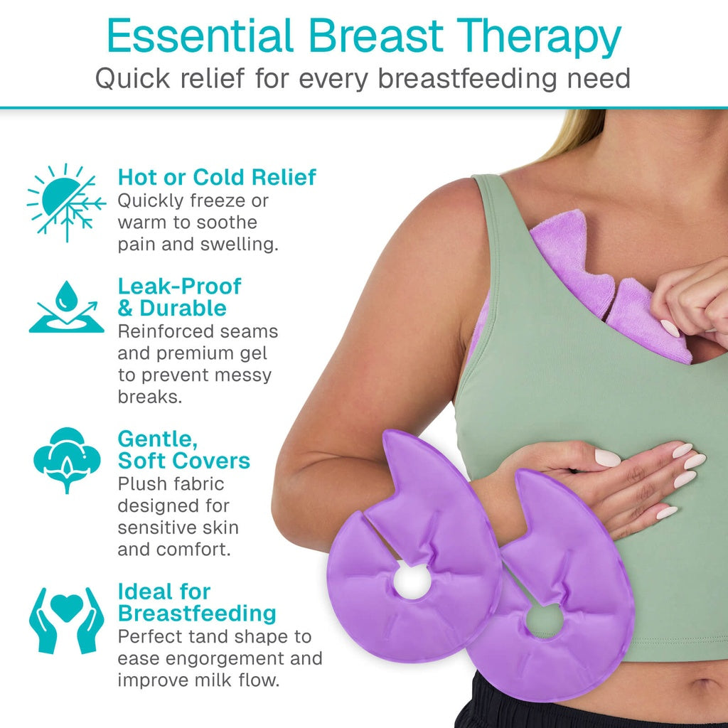 Purple breast therapy product with text highlighting features on a white background