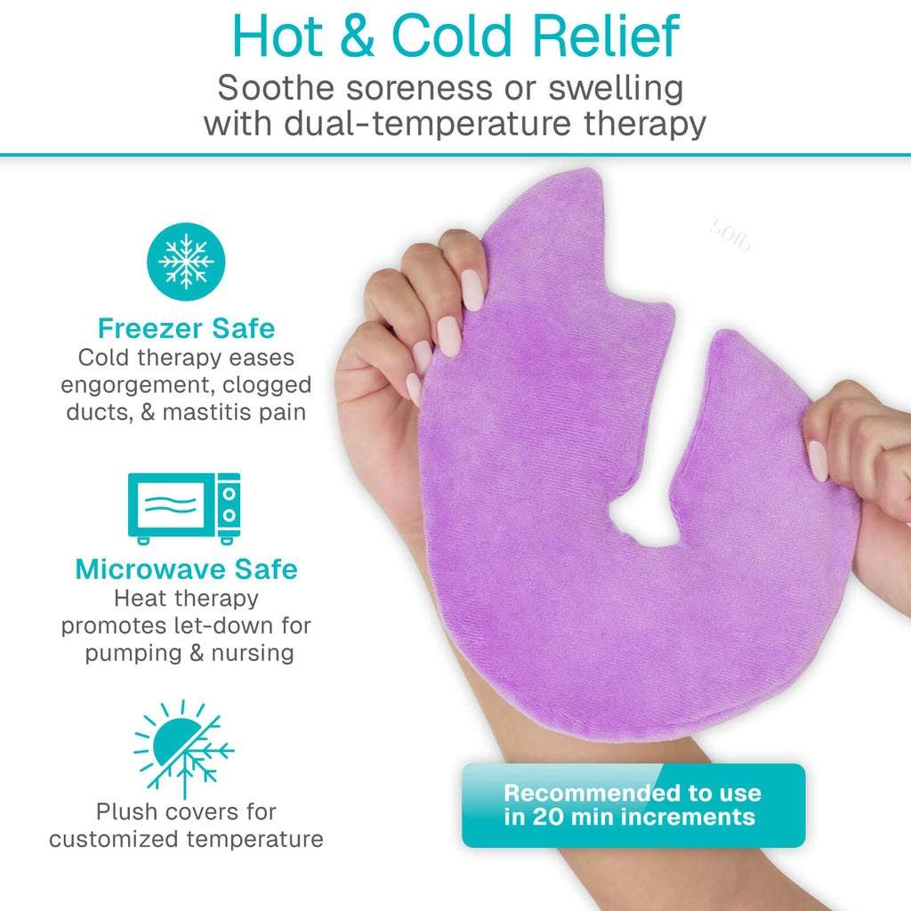 Purple heating pad with text on hot and cold relief, freezer safety, microwave safety, and usage instructions.