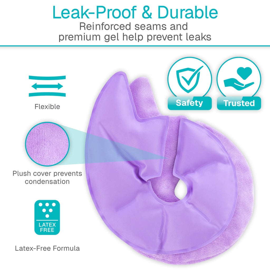 Purple silicone product with text highlighting features like leak-proof design and latex-free formula.