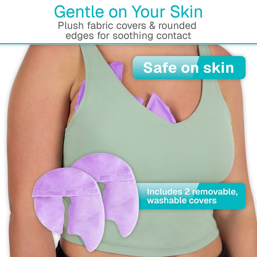 Green sports bra with purple covers and text about comfort and safety on skin.