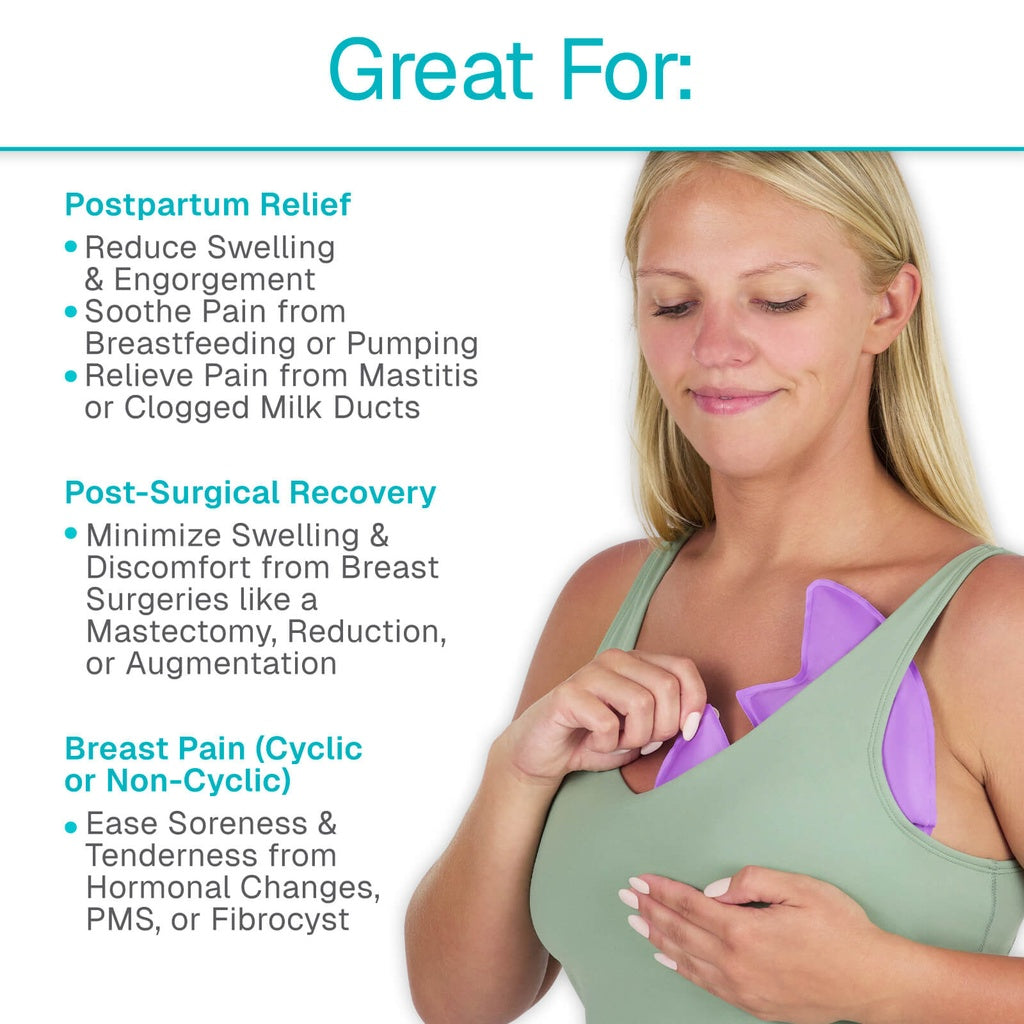 Woman wearing a green tank top with a purple bra underneath, with text about product uses.