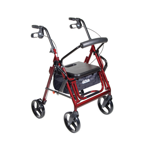 Red and black walker with a seat on a white background