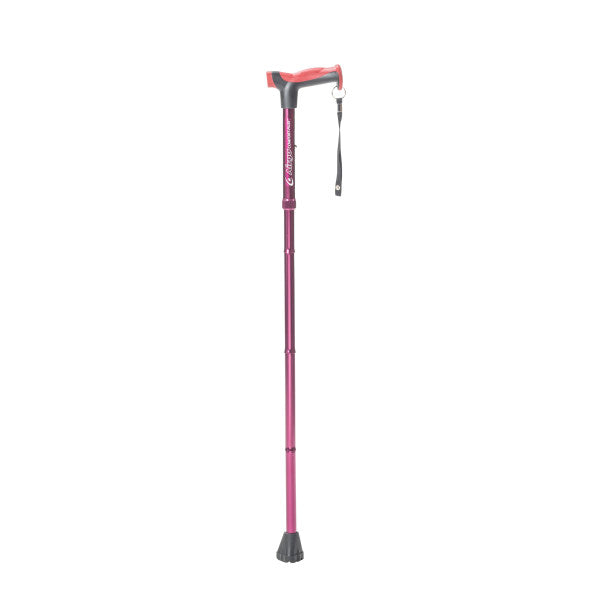 Purple walking cane with adjustable wrist strap on a white background