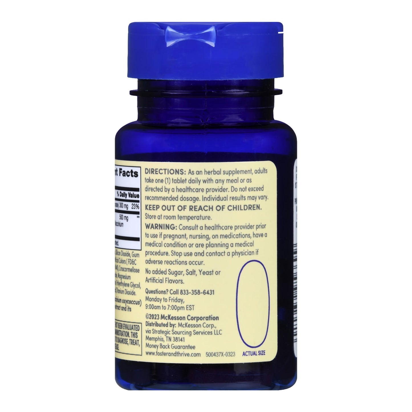 Blue supplement bottle with label on a white background