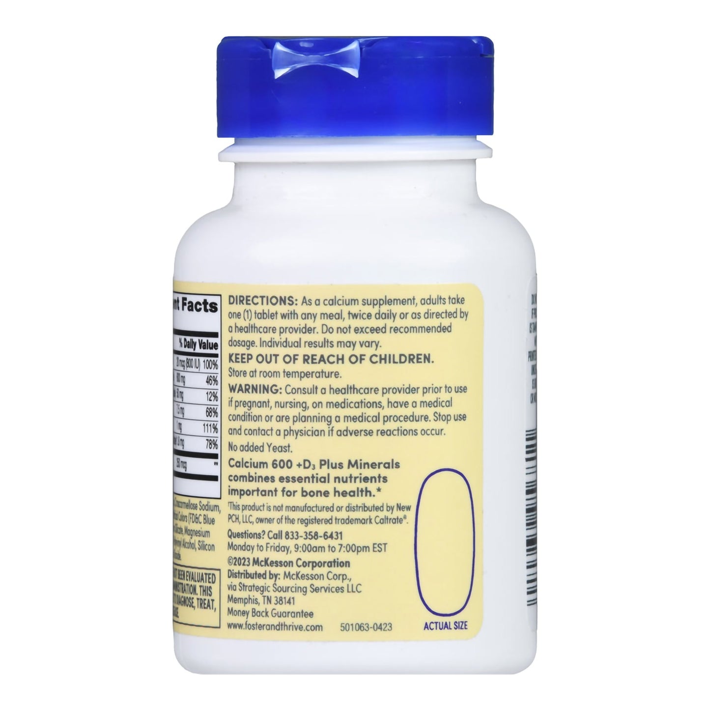 Supplement bottle with blue cap and white label on a white background