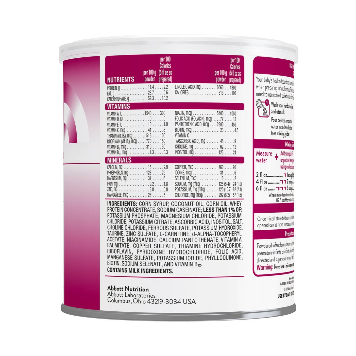 Nutritional label on a can of Abbott Nutrition product
