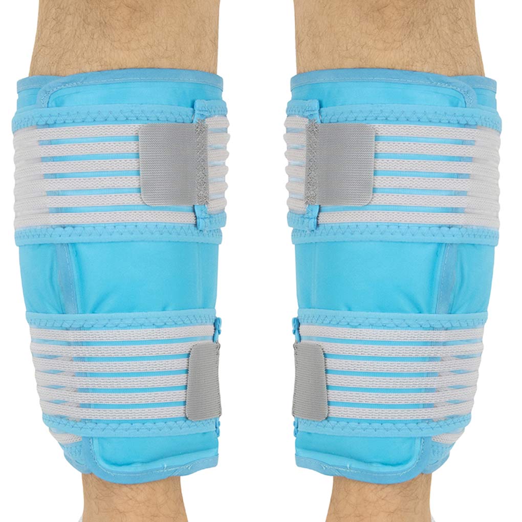 Pair of blue knee pads with gray straps on a white background