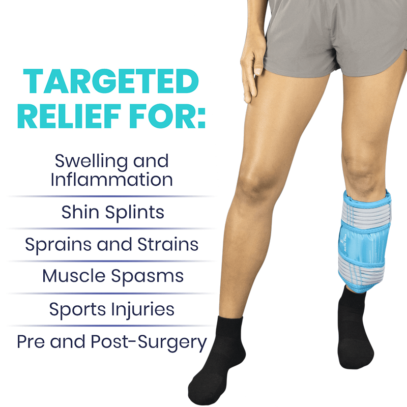 Person wearing compression socks with text highlighting relief for various conditions on a white background