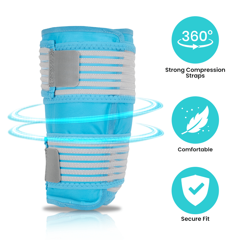 Blue compression wrist support with features highlighted on a white background